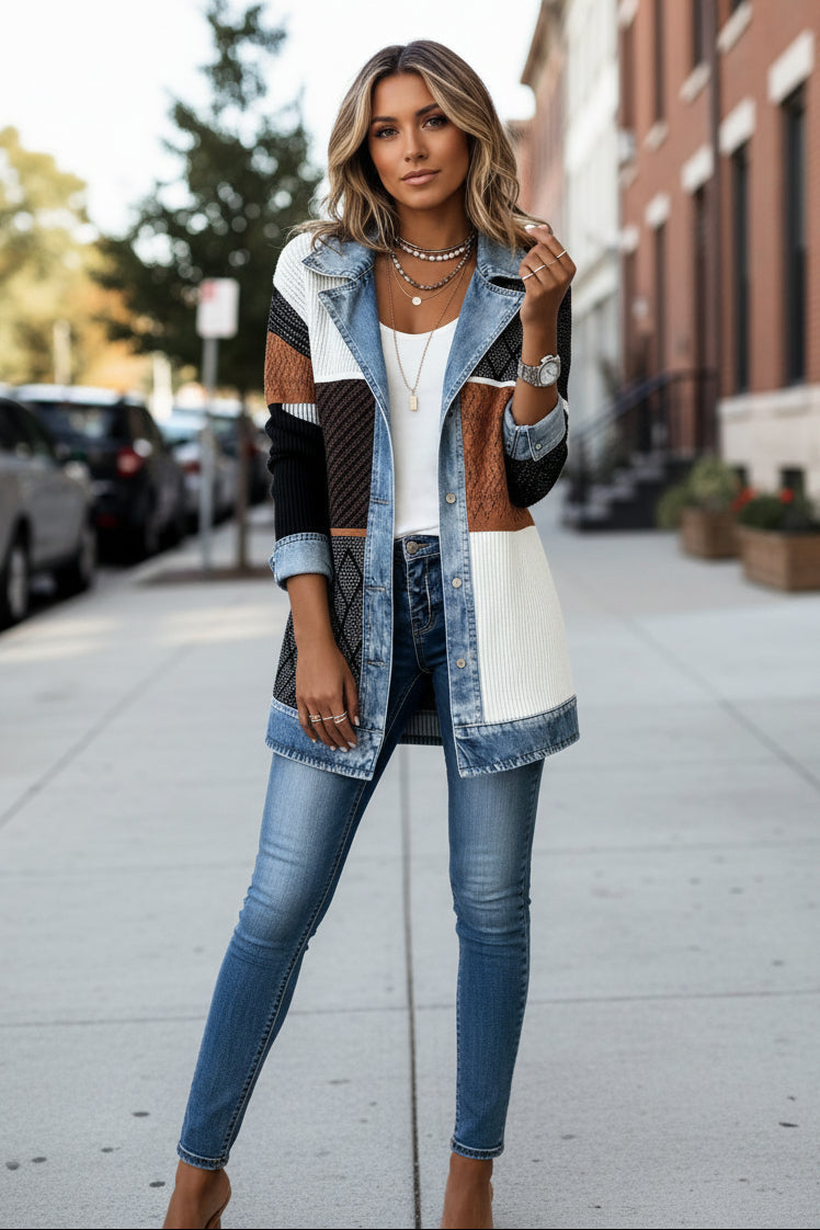 Christine | Casual Denim Trim Ribbed Knit Cardigan