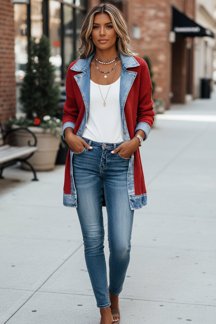 Christine | Casual Denim Trim Ribbed Knit Cardigan