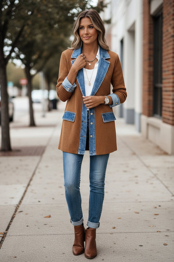 Christine | Casual Denim Trim Ribbed Knit Cardigan