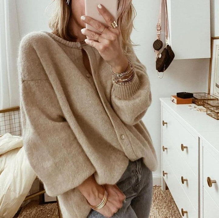 Carol | Taupe Oversized Fluffy Button-Front Cardigan