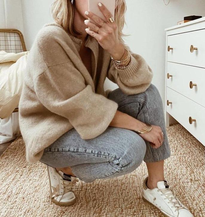 Carol | Taupe Oversized Fluffy Button-Front Cardigan