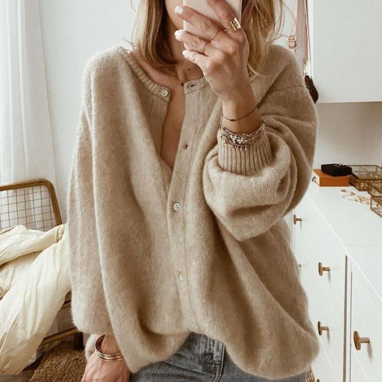 Carol | Taupe Oversized Fluffy Button-Front Cardigan